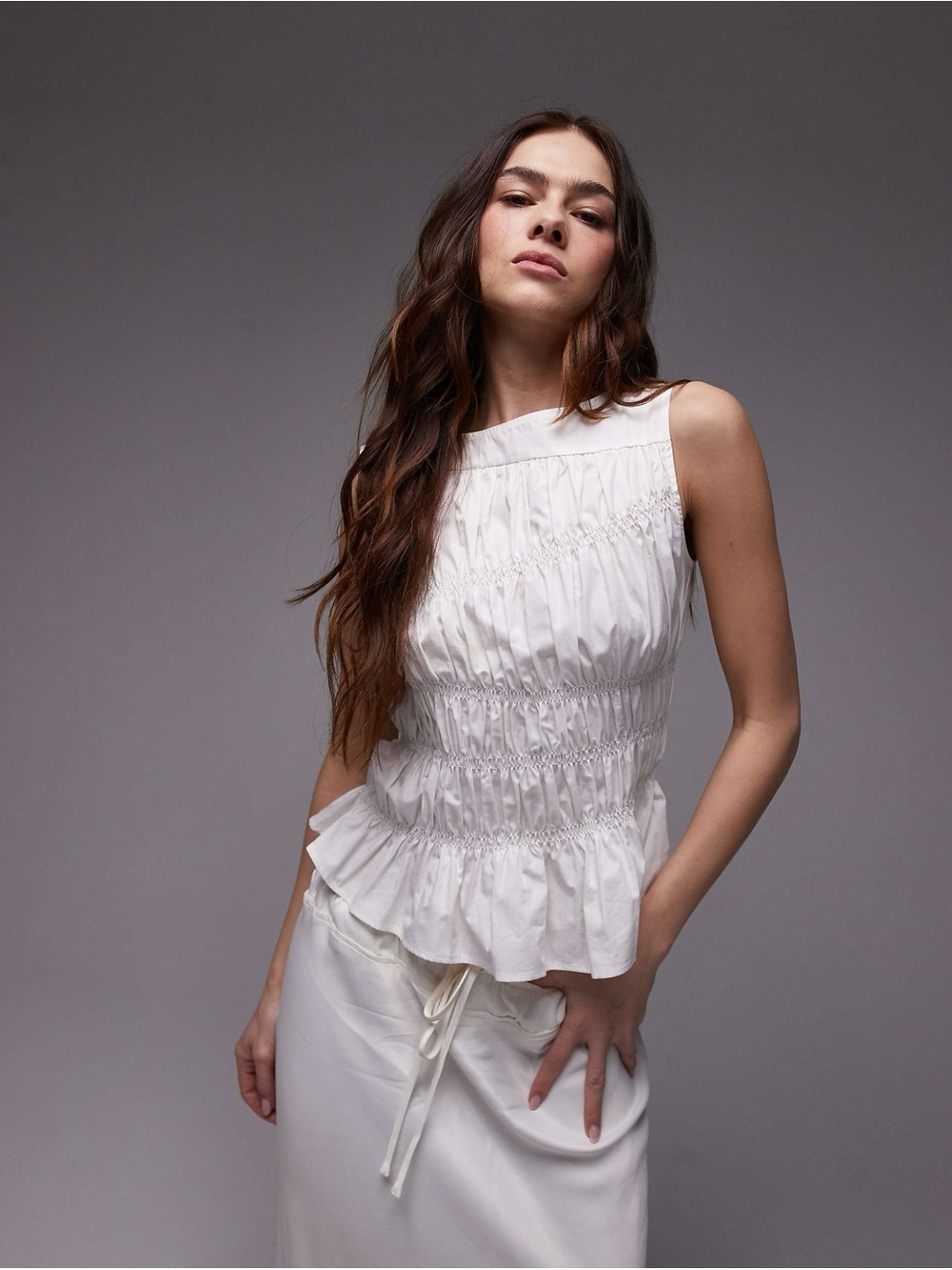 Topshop poplin shirred slash neck top in white